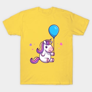 Cute Unicorn Holding Balloon Cartoon T-Shirt